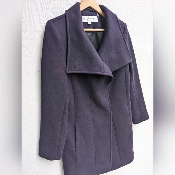 Trina Turk Dark Purple Lambswool Pea Coat Winter Jacket Women's Size 12 - Picture 2 of 7
